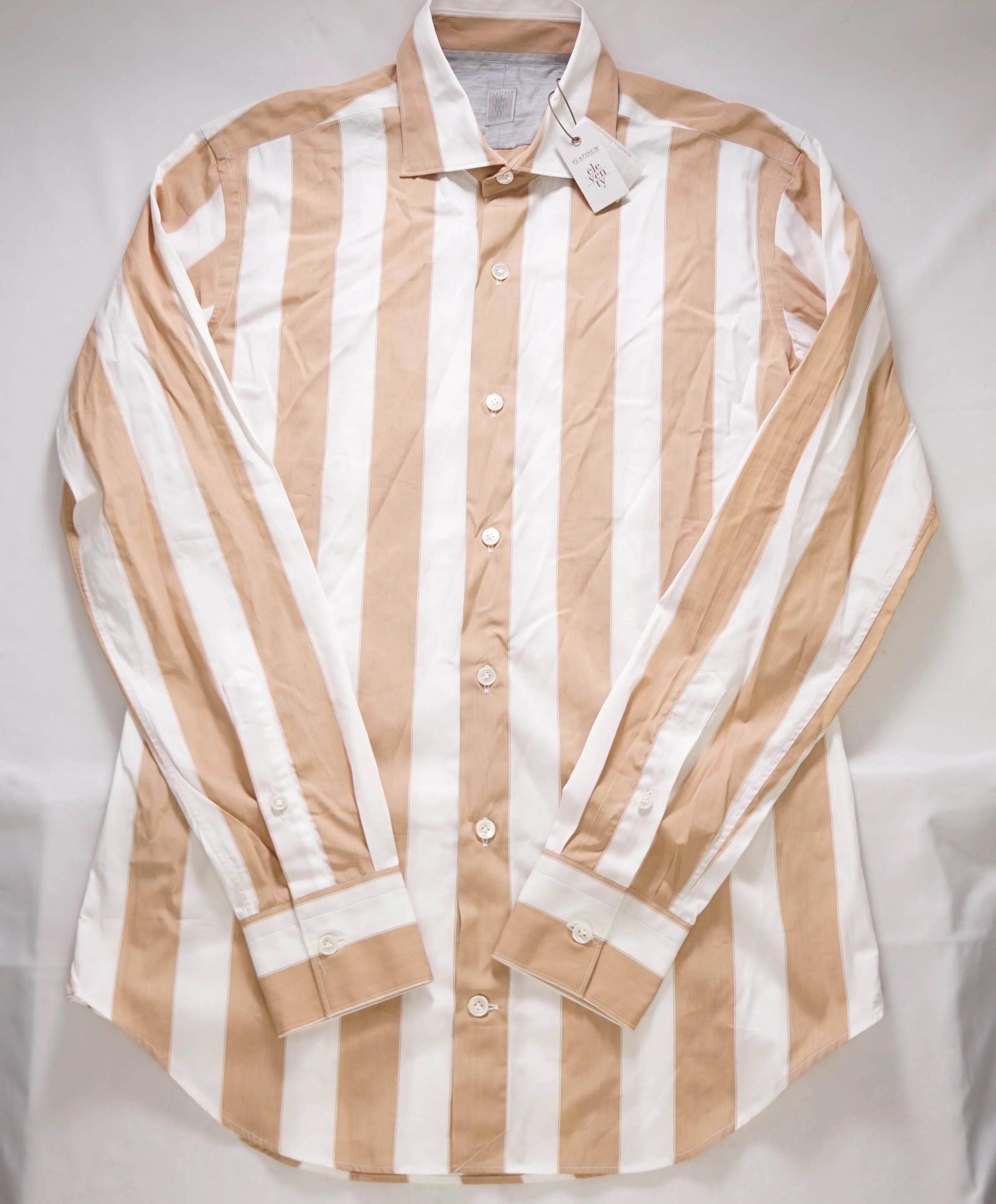 $345 ELEVENTY - Camel/White Cotton Broad Stripe Button Front Shirt - M