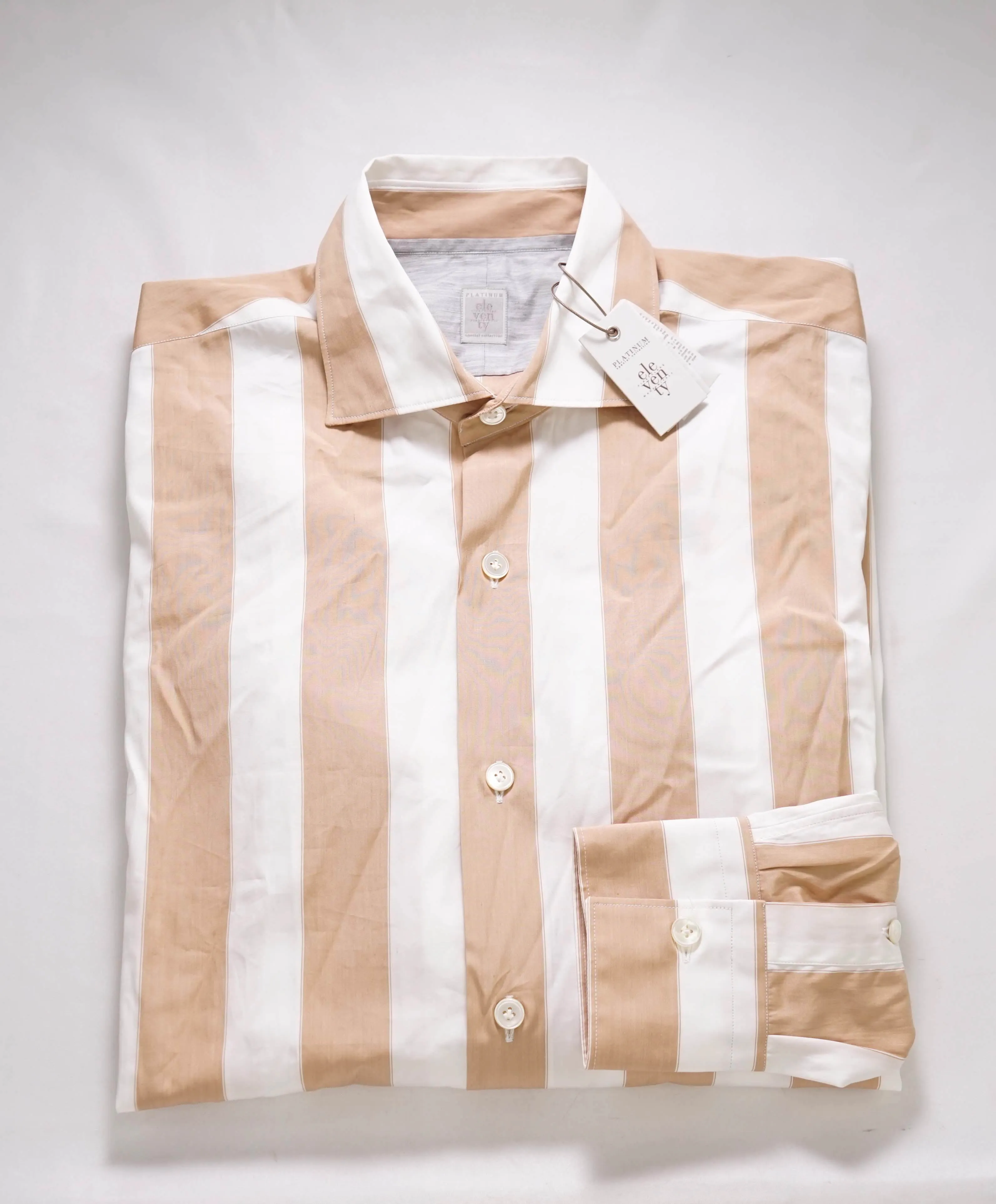 $345 ELEVENTY - Camel/White Cotton Broad Stripe Button Front Shirt - M