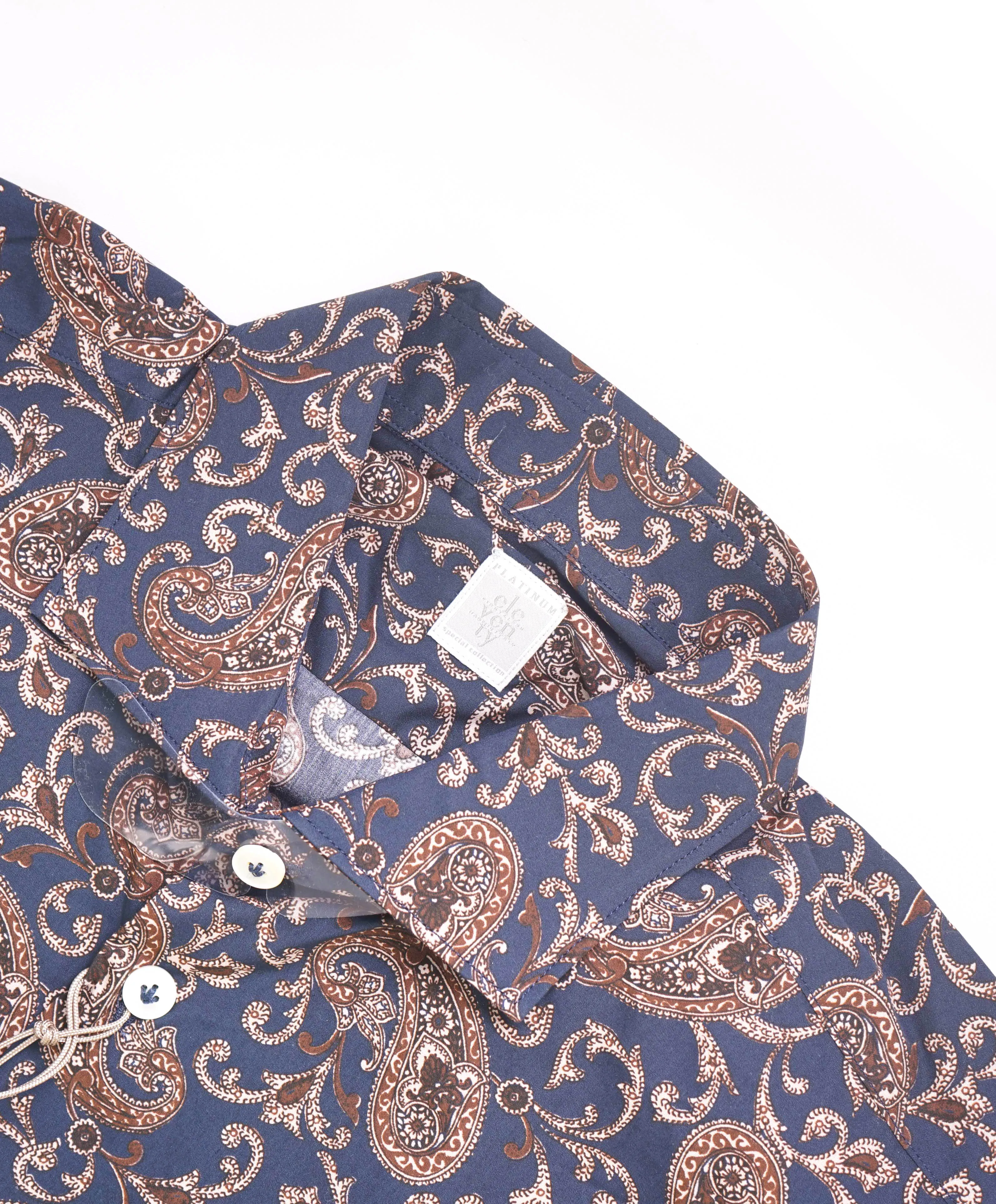 $395 ELEVENTY - Navy PAISLEY Cotton Button Front Shirt - L