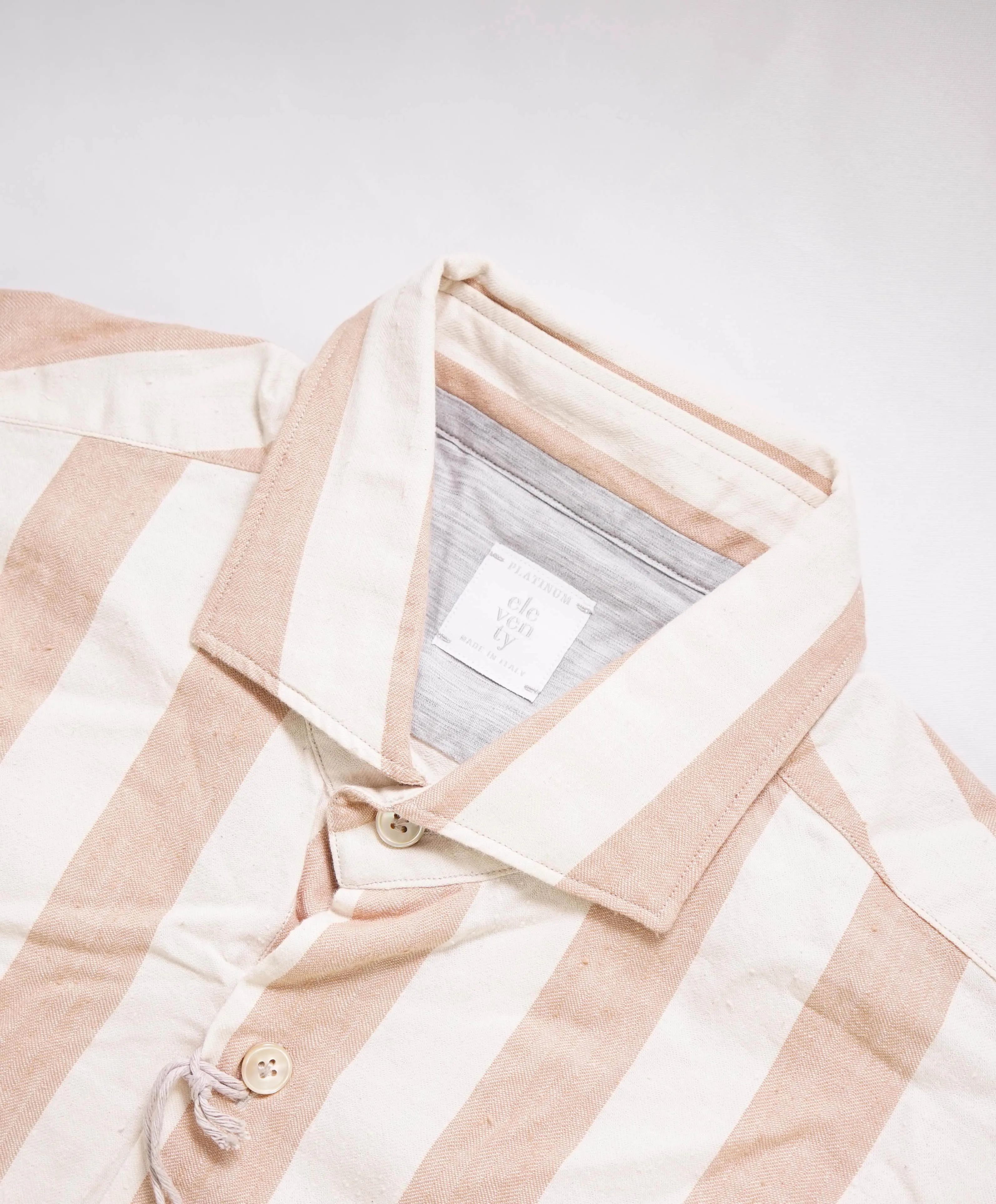 $495 ELEVENTY - Camel/Ivory Cotton Broad Stripe Button Front Shirt - M