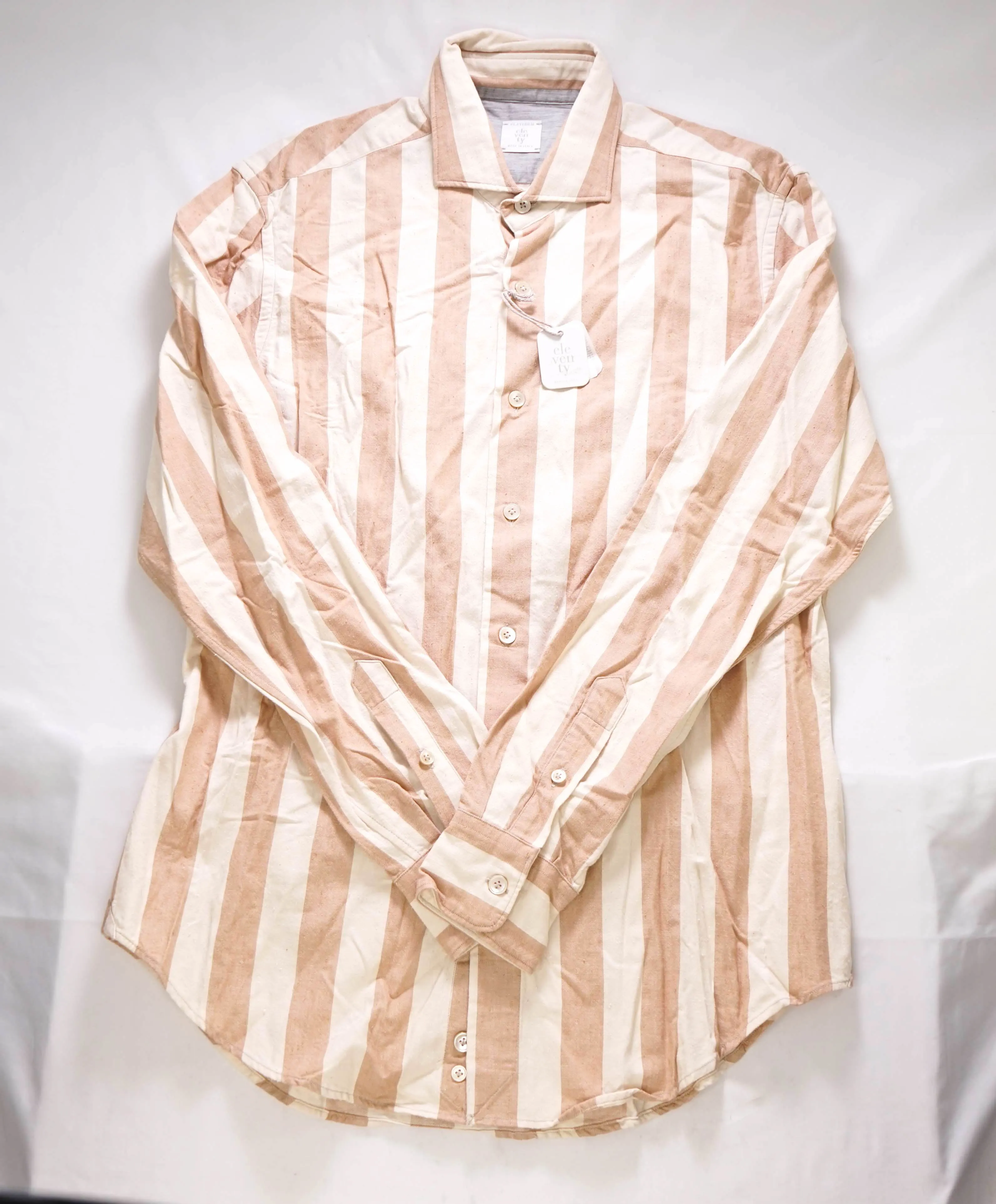 $495 ELEVENTY - Camel/Ivory Cotton Broad Stripe Button Front Shirt - M