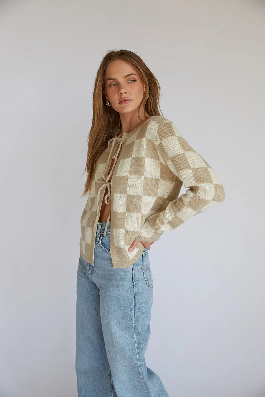 Agnes Checkered Knit Bow Cardigan