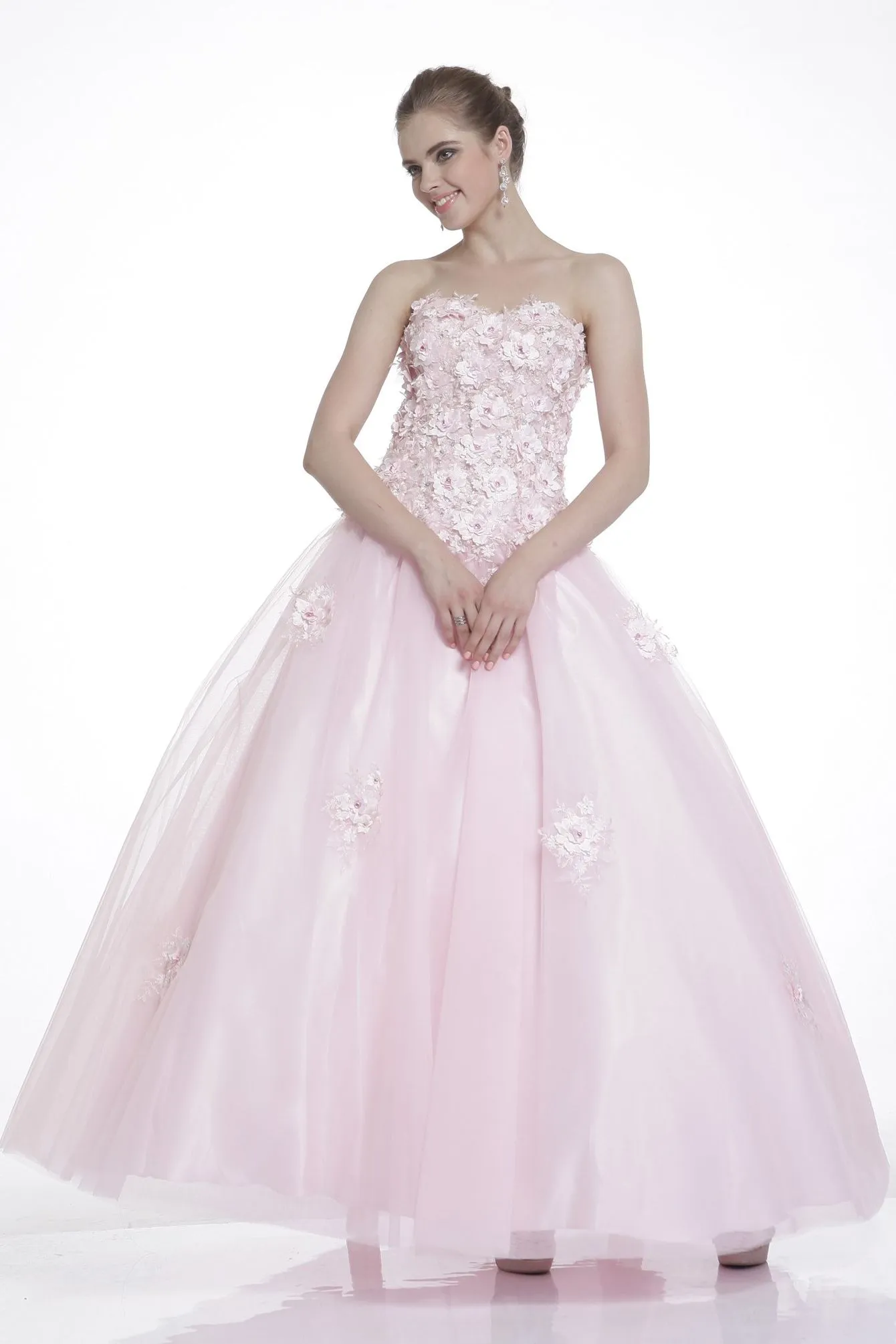 Beaded Flower Applique Tulle Ball Gown