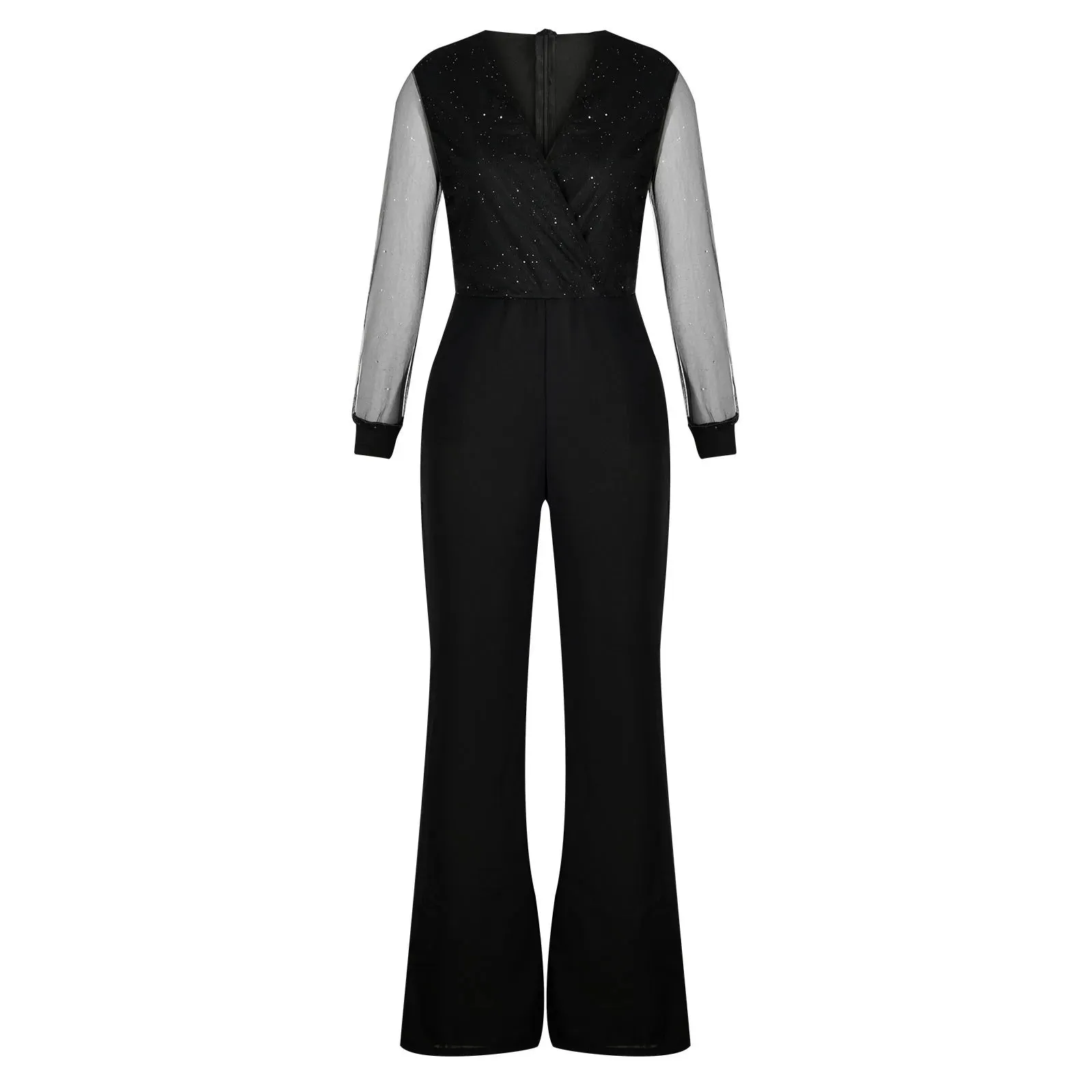 Black V-Neck Mesh Sequins Jumpsuit