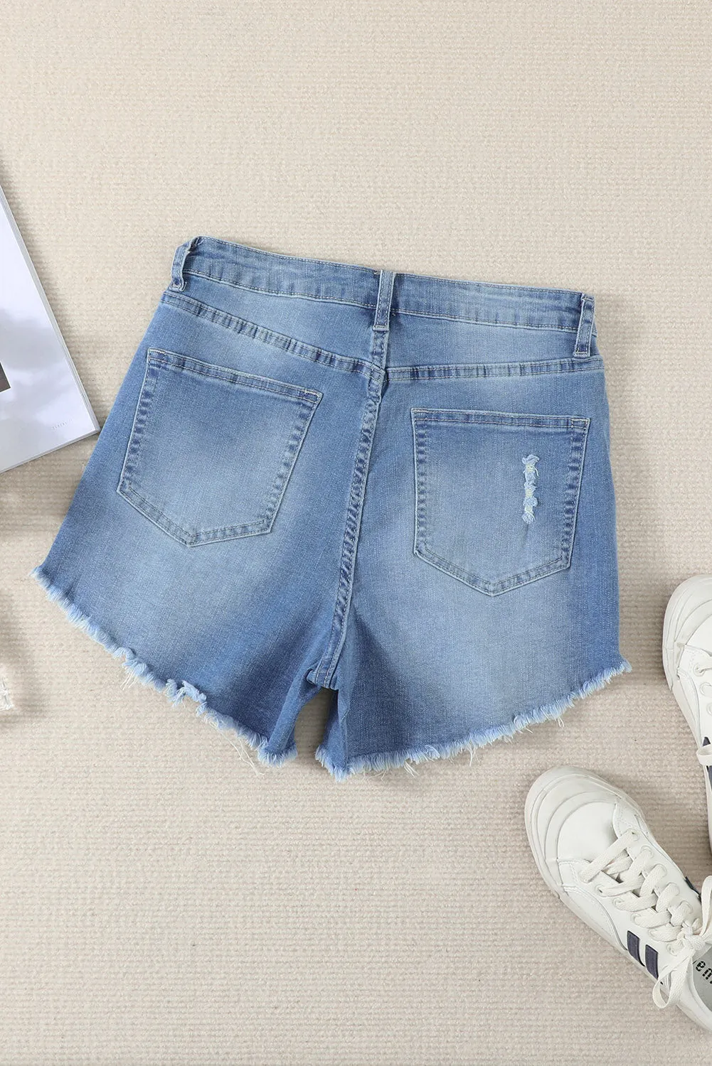 Blue Denim Shorts with Distressed Design