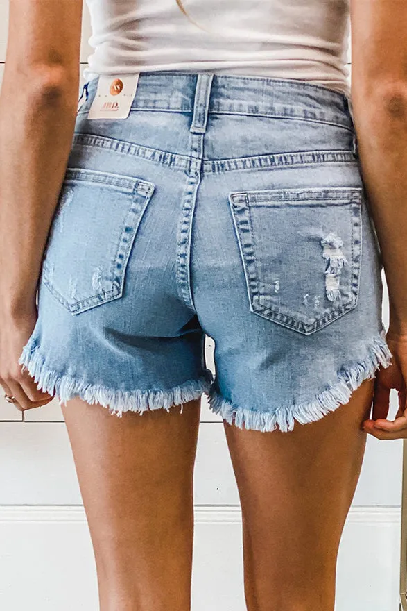 Blue Denim Shorts with Distressed Design