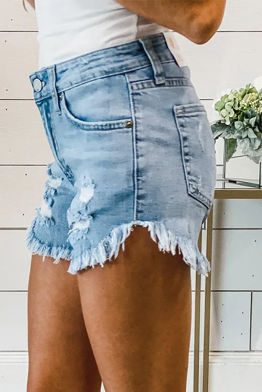 Blue Denim Shorts with Distressed Design