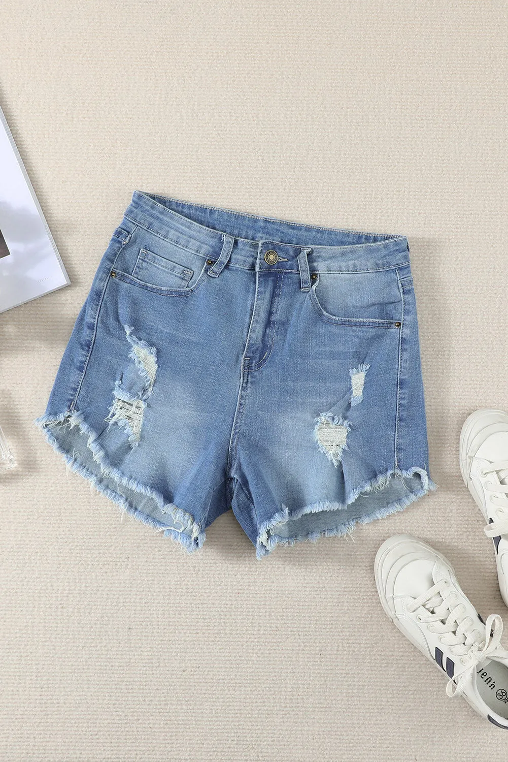 Blue Denim Shorts with Distressed Design