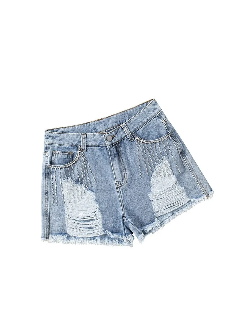 Blue Denim Shorts with Unique Rhinestone Design