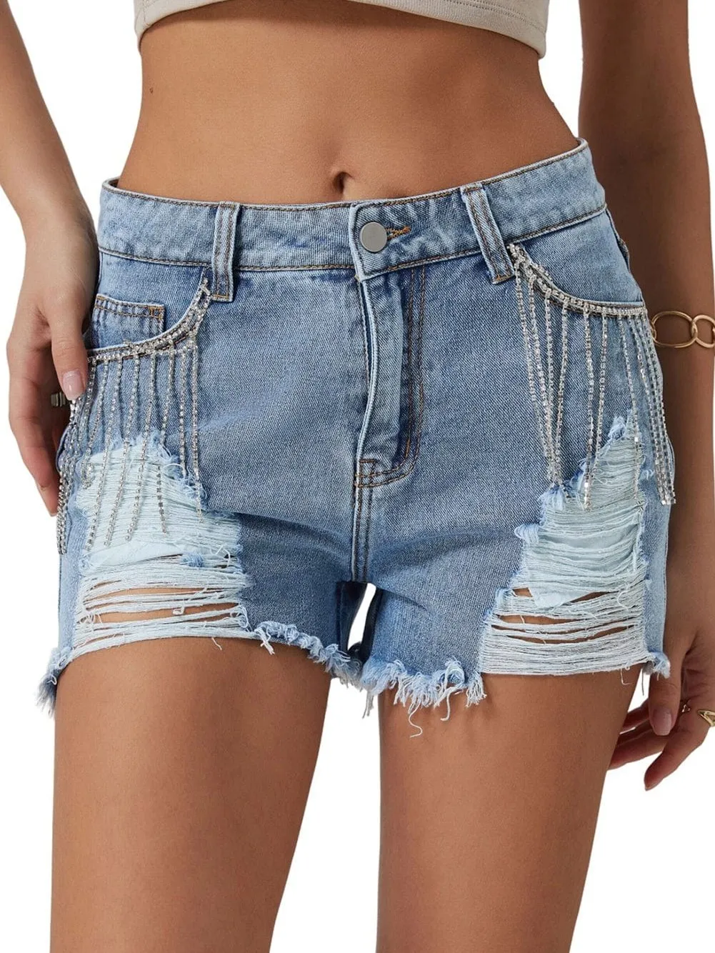 Blue Denim Shorts with Unique Rhinestone Design