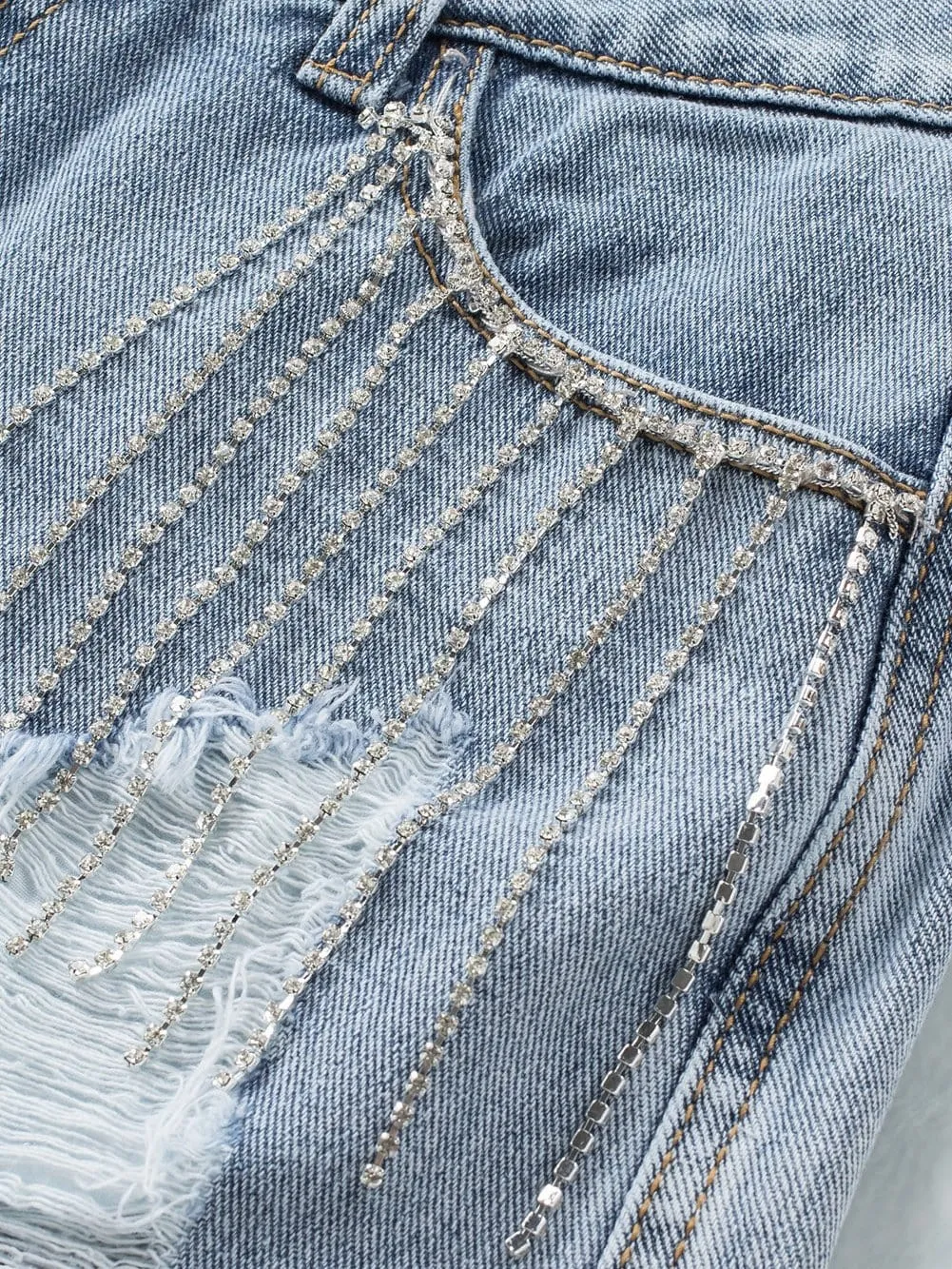 Blue Denim Shorts with Unique Rhinestone Design