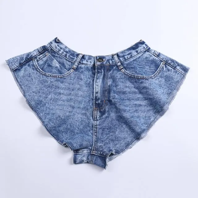 Casual Denim Shorts High Waist Ruffle Hem Loose Ruched Short Pants