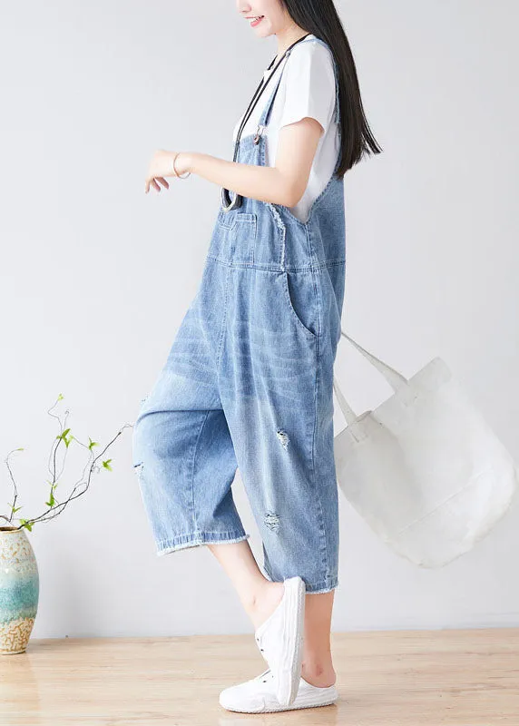 Chic Light blue Hole Pockets cowboy Jumpsuits Spring