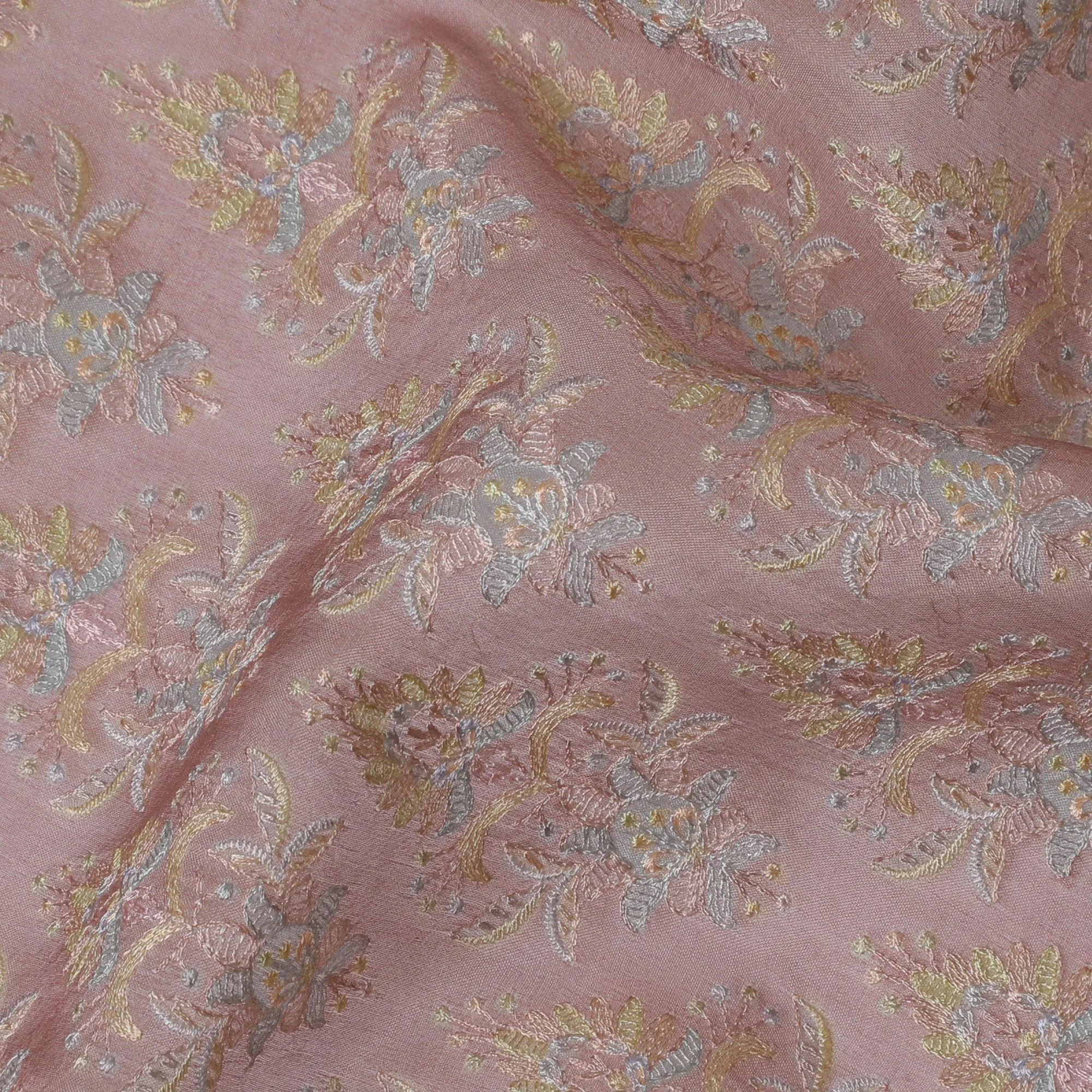 Dusty Rose Silk Organza Fabric with Intricate Pastel Floral Embroidery - 110 cm Wide - D19624