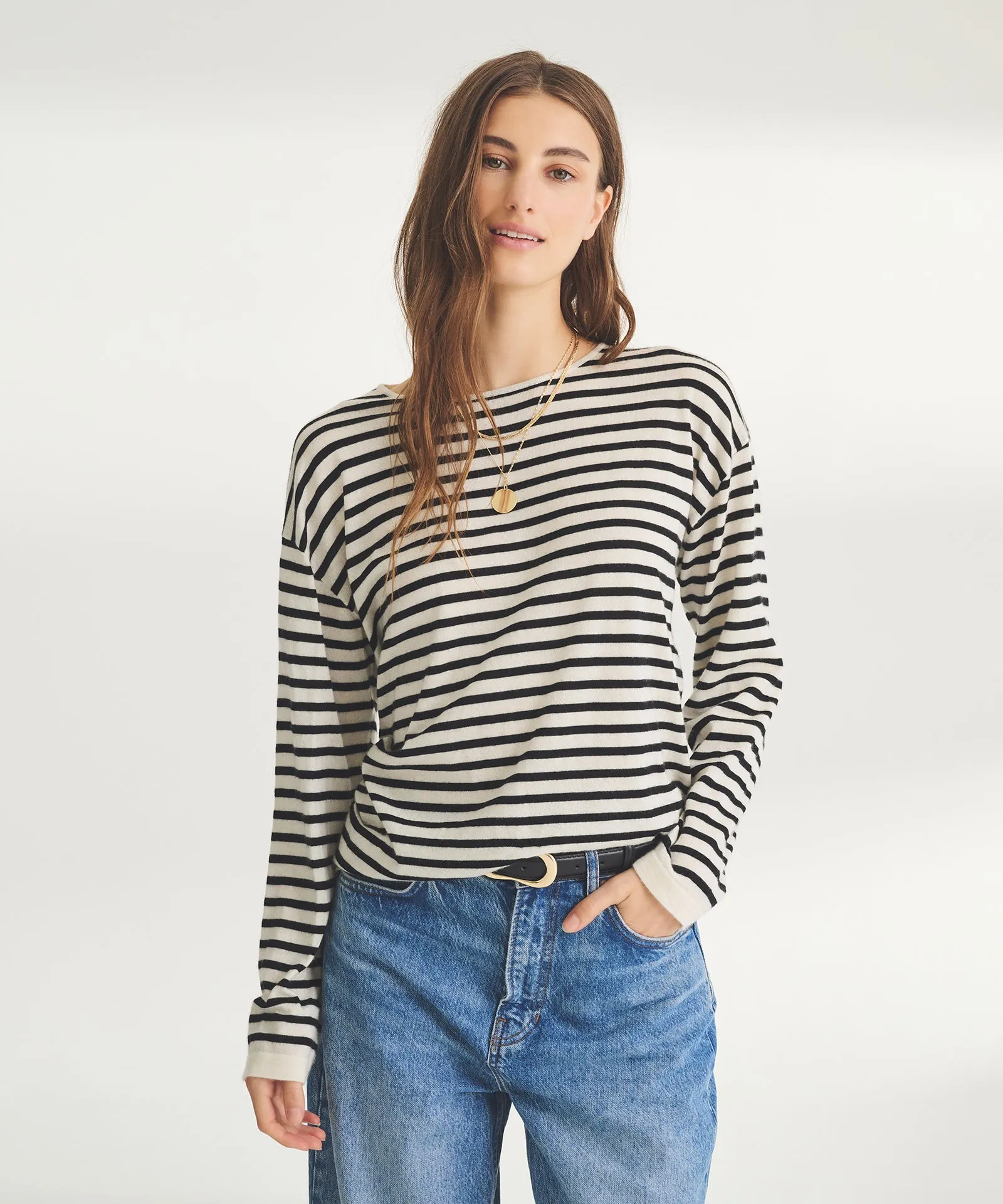 Fancy Cashmere Striped Relaxed Crewneck