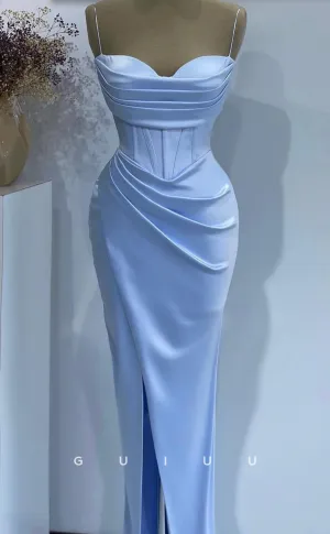 G2717 - Chic & Modern Satin Sweetheart Baby Blue Ruched Long Porm Evening Dress