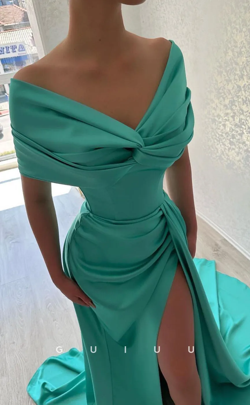 G2885 - Chic & Modern Satin Off-Shoulder Pleats Simple Long Prom Formal Dress