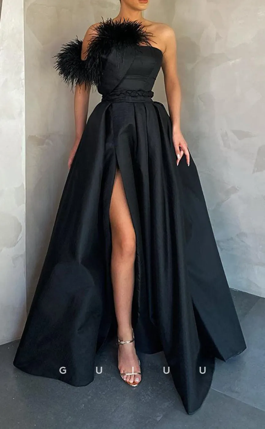 G2903 - Chic & Modern A-Line One Shoulder Feather Satin Long Prom Formal Dress