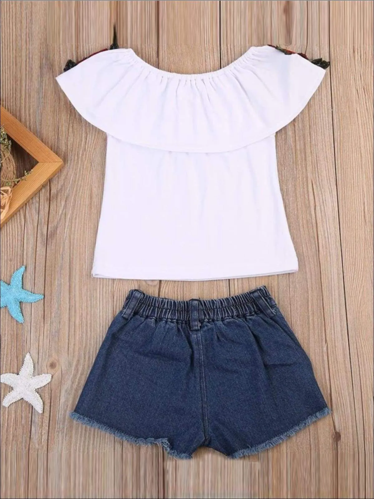 Girls Ruffled Flower Applique Tunic And Denim Short Set