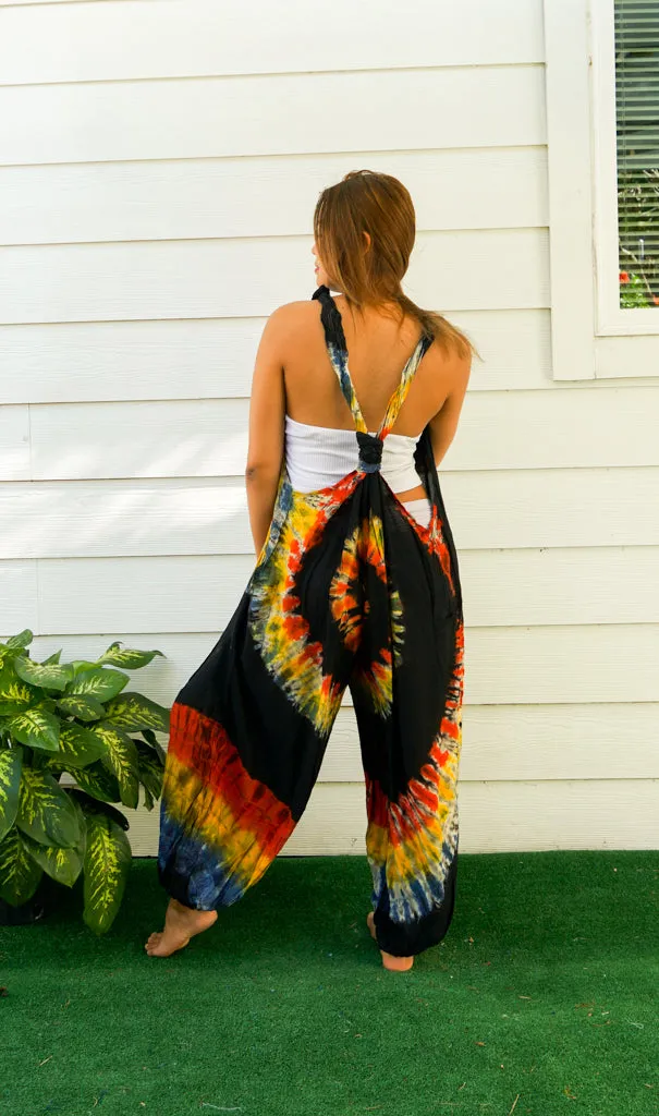 J54- Black and Orange Hand Dyed Hippie Racerback Dungarees Jumpsuit Romper