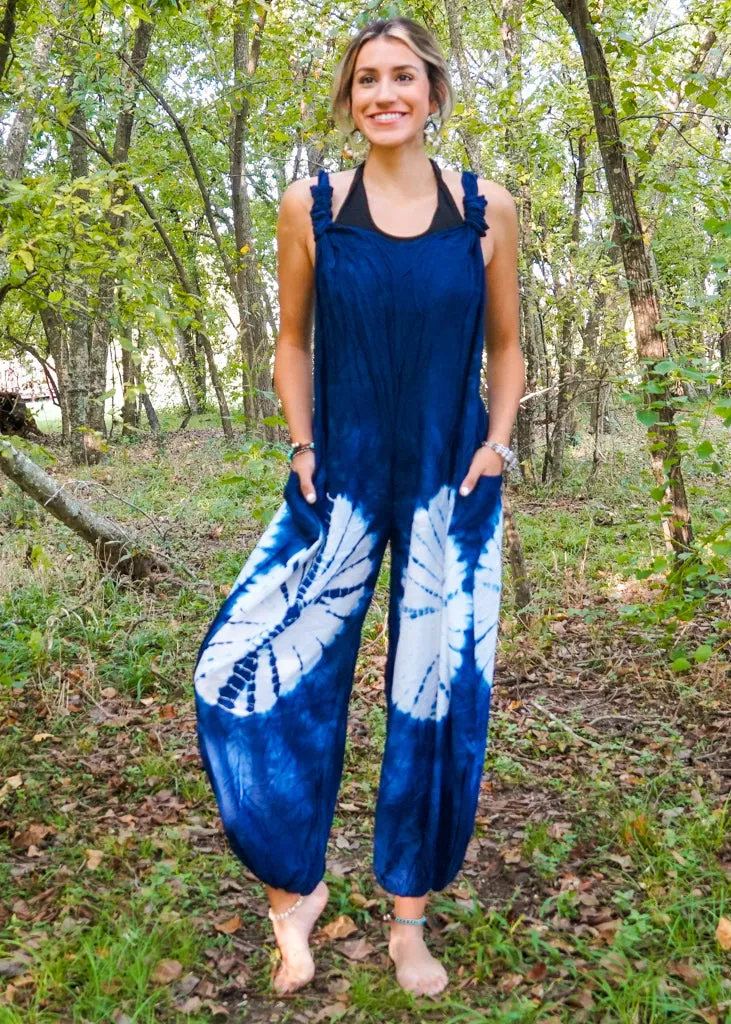 J57- Shibori Blue Tie Dye Hippie Racerback Jumpsuit Romper