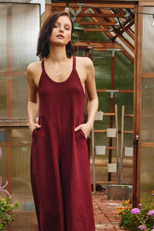 Keyhole Back Wide Leg Jersey Jumpsuit Garnet