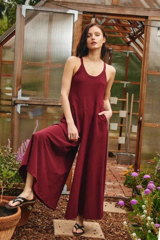 Keyhole Back Wide Leg Jersey Jumpsuit Garnet