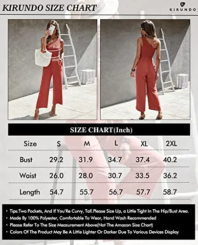 KIRUNDO Women's 2023 Summer Smocked One Shoulder Jumpsuits High Waist Solid Casual Sleeveless Wide Leg Romper With Pockets(Wine Red, Medium)