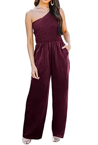 KIRUNDO Women's 2023 Summer Smocked One Shoulder Jumpsuits High Waist Solid Casual Sleeveless Wide Leg Romper With Pockets(Wine Red, Medium)