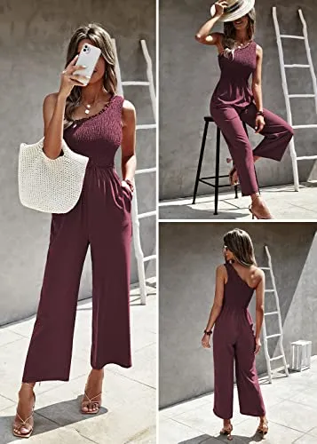 KIRUNDO Women's 2023 Summer Smocked One Shoulder Jumpsuits High Waist Solid Casual Sleeveless Wide Leg Romper With Pockets(Wine Red, Medium)