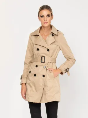 Long Buttoned Trench Coat With Pockets And Belt.