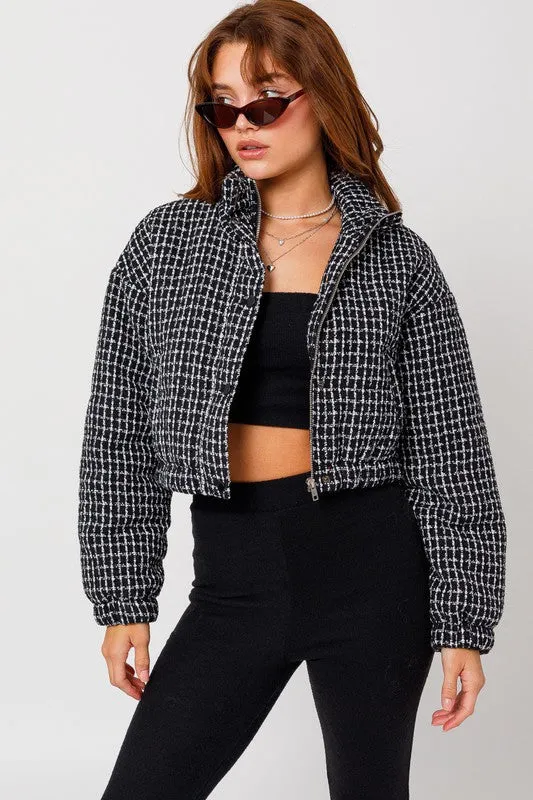 Long-sleeved Tweed Crop Puffer Jacket