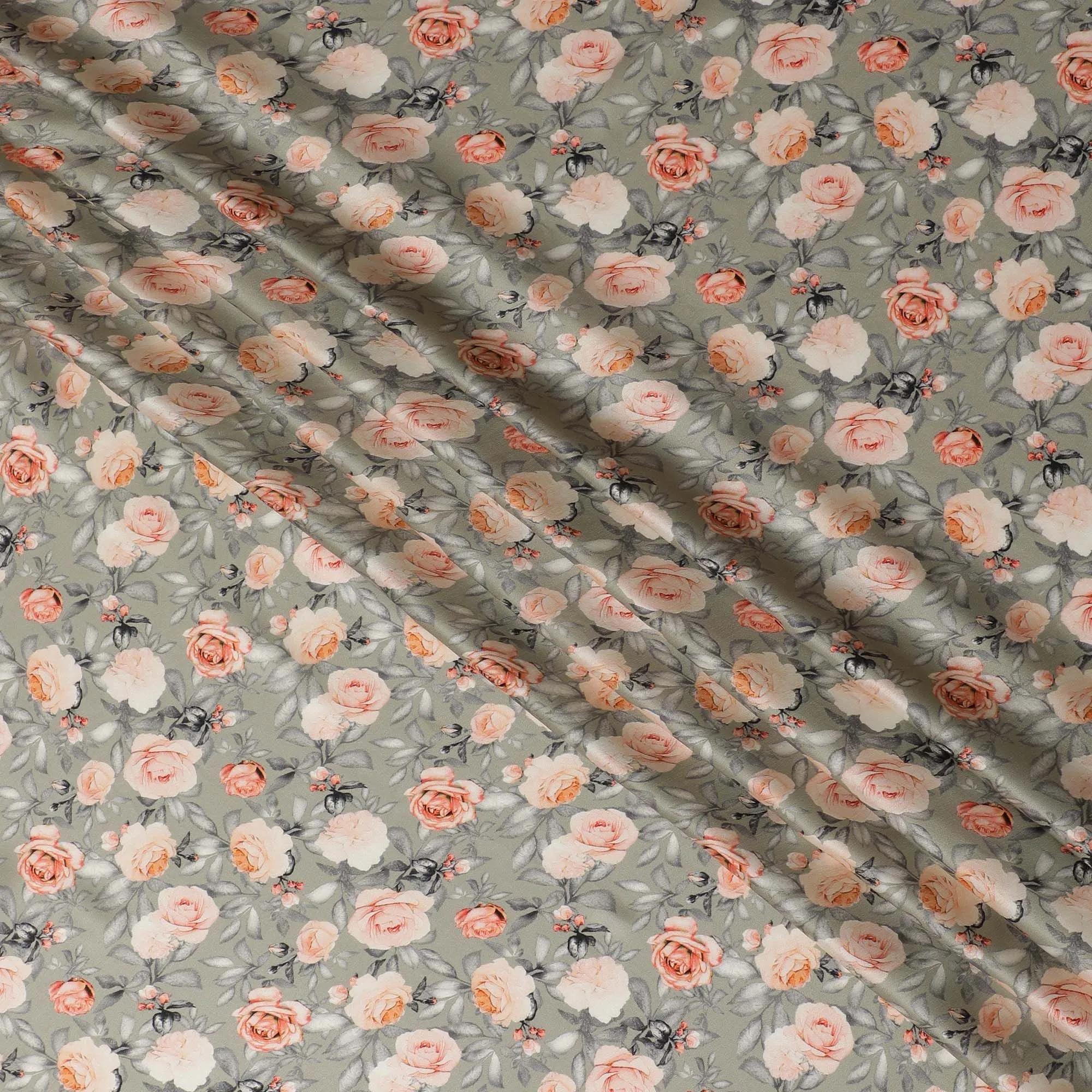 Luxurious Peach Blossom Silk Satin Fabric, 110 cm Wide â€“ Elegant Floral Print Design from India-D17716