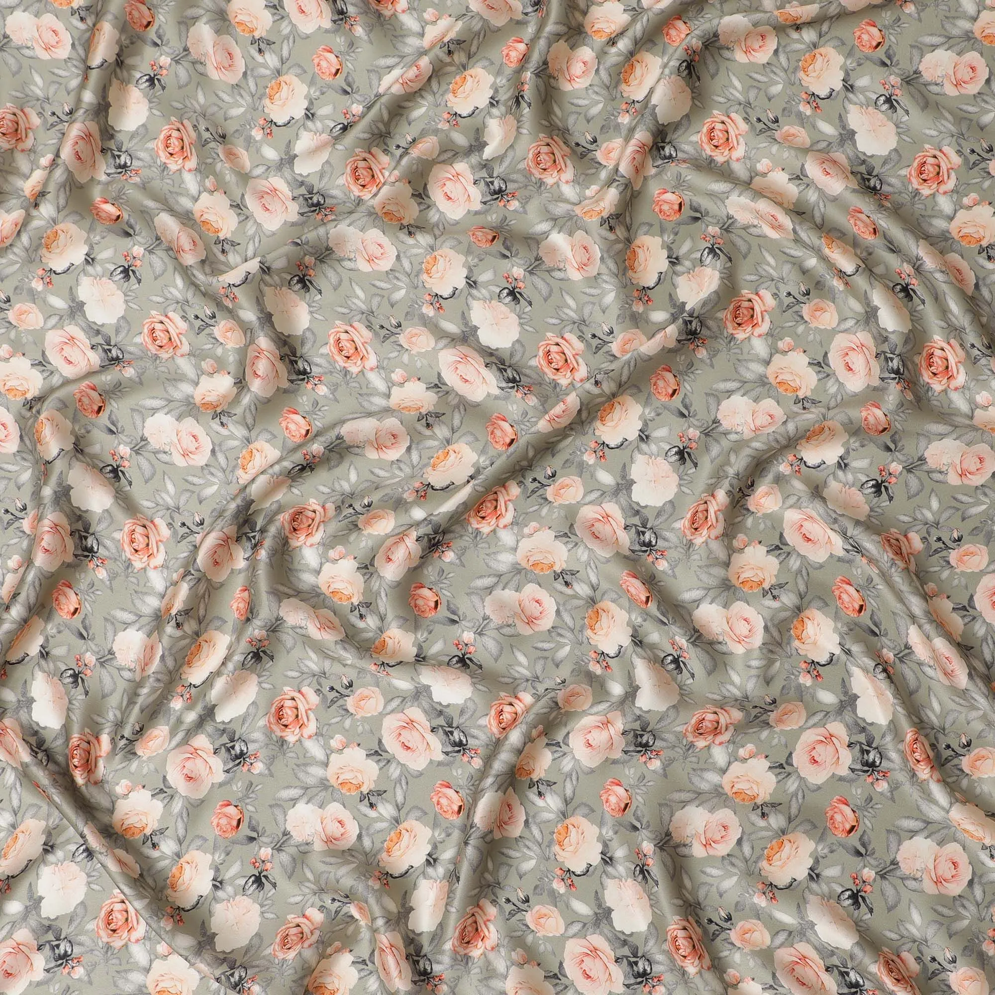 Luxurious Peach Blossom Silk Satin Fabric, 110 cm Wide â€“ Elegant Floral Print Design from India-D17716