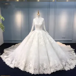 Luxury Muslim Modest Long Sleeve Lace Ball Gown Wedding Dress with Long Train #21011215