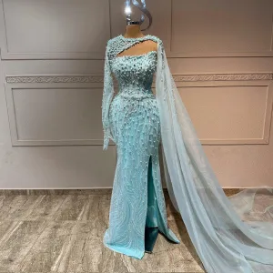 Luxury Turquoise Pearls Evening Dress with Cape Sleeves SS133