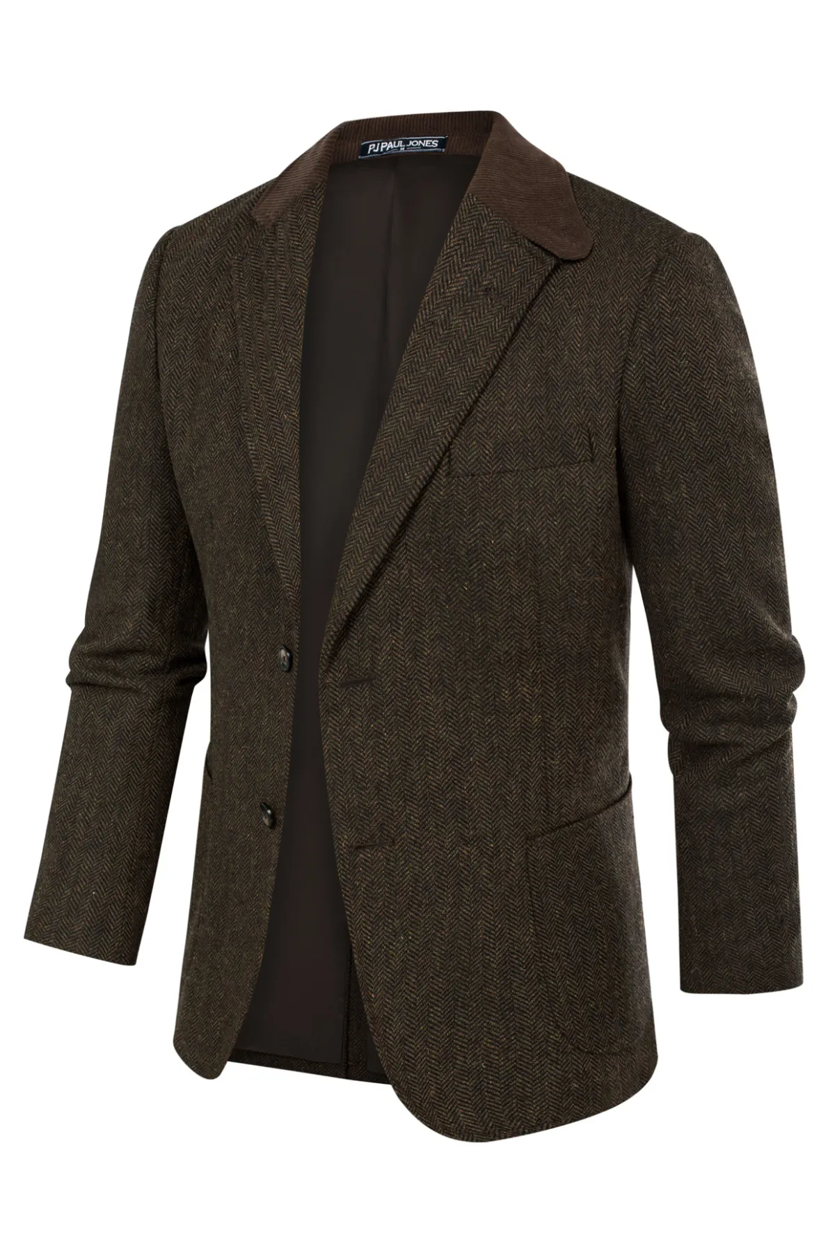 Mens Herringbone Two Button Blazer Vintage Tweed Wool Blend Sport Coat Jacket