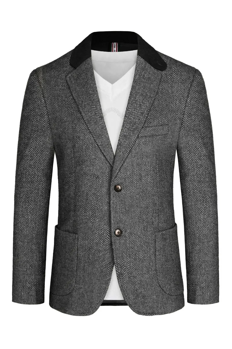 Mens Herringbone Two Button Blazer Vintage Tweed Wool Blend Sport Coat Jacket