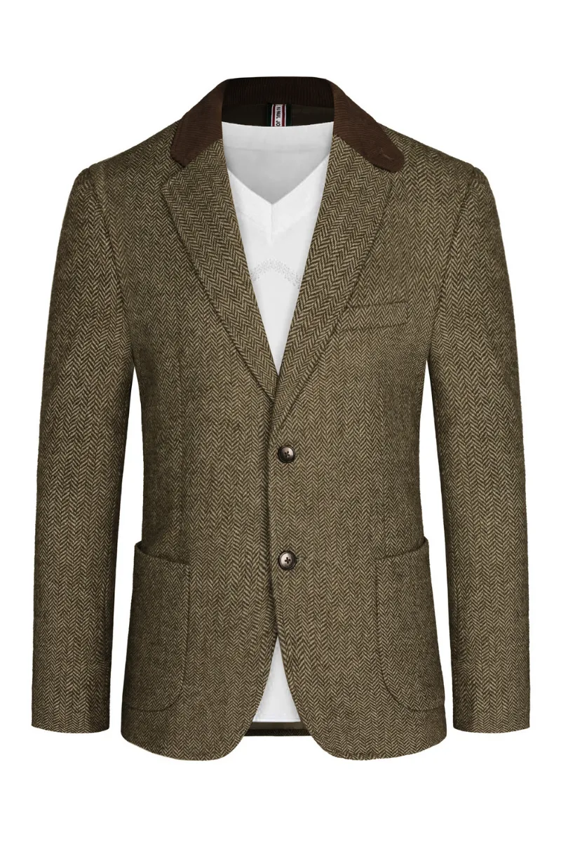 Mens Herringbone Two Button Blazer Vintage Tweed Wool Blend Sport Coat Jacket