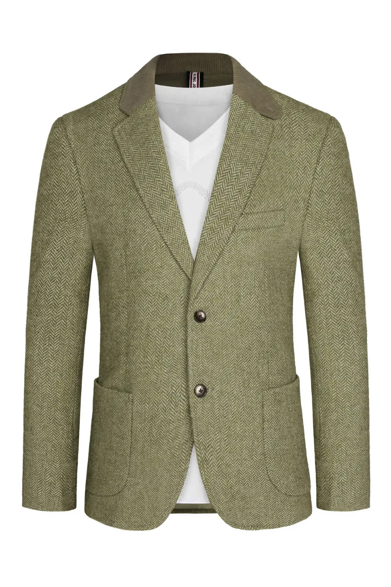 Mens Herringbone Two Button Blazer Vintage Tweed Wool Blend Sport Coat Jacket