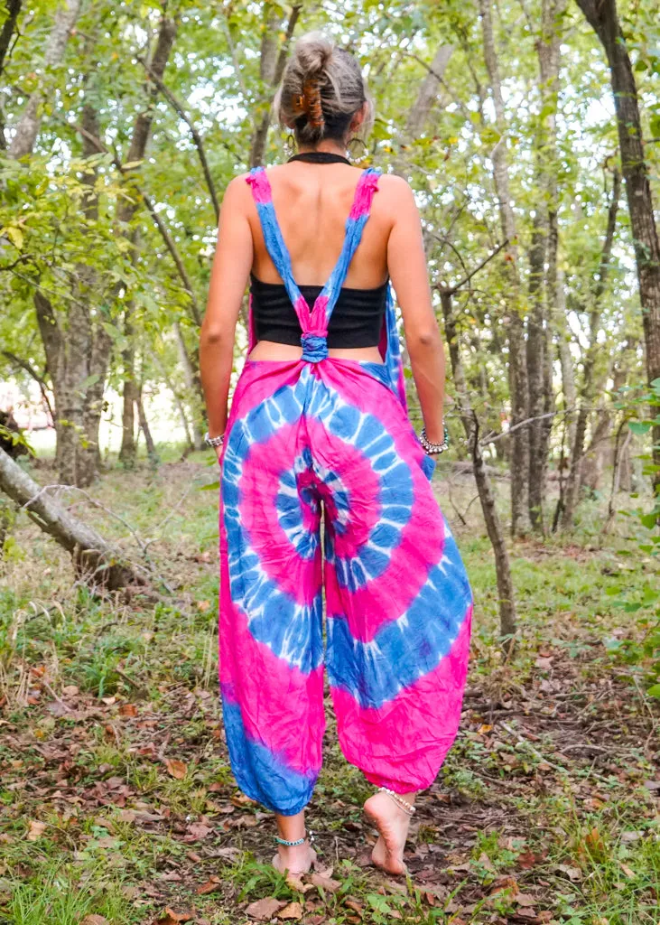 Pink and Blue Hand Dyed Hippie Racerback Dungarees Jumpsuit Romper