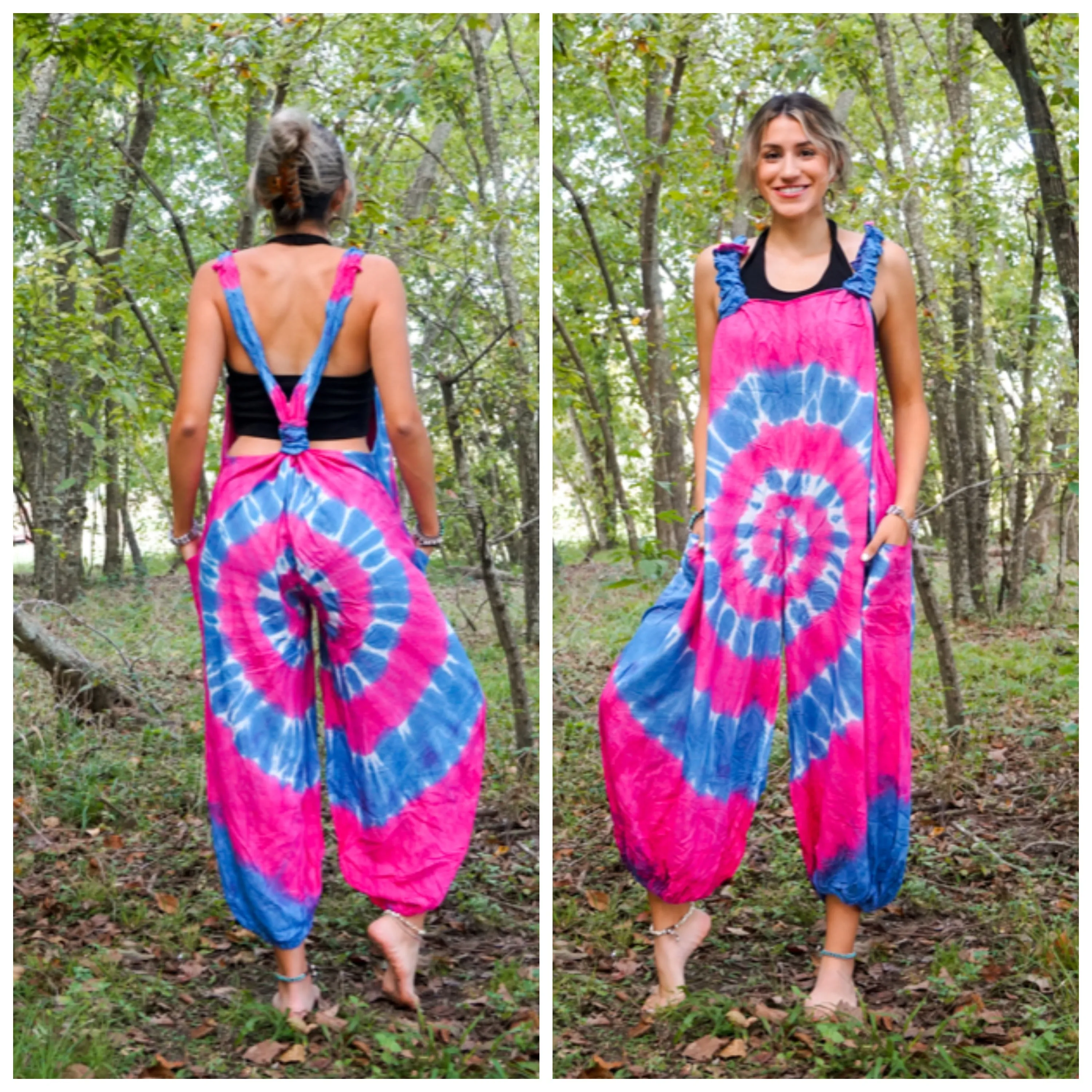 Pink and Blue Hand Dyed Hippie Racerback Dungarees Jumpsuit Romper