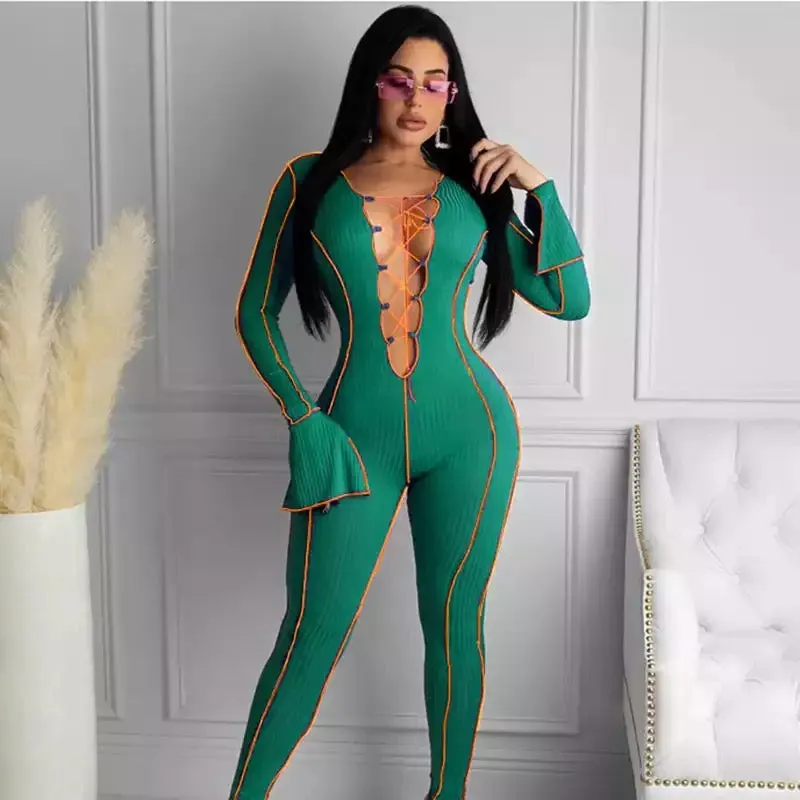 Sexy Lace Up V-neck Flared Sleeves Jumpsuits