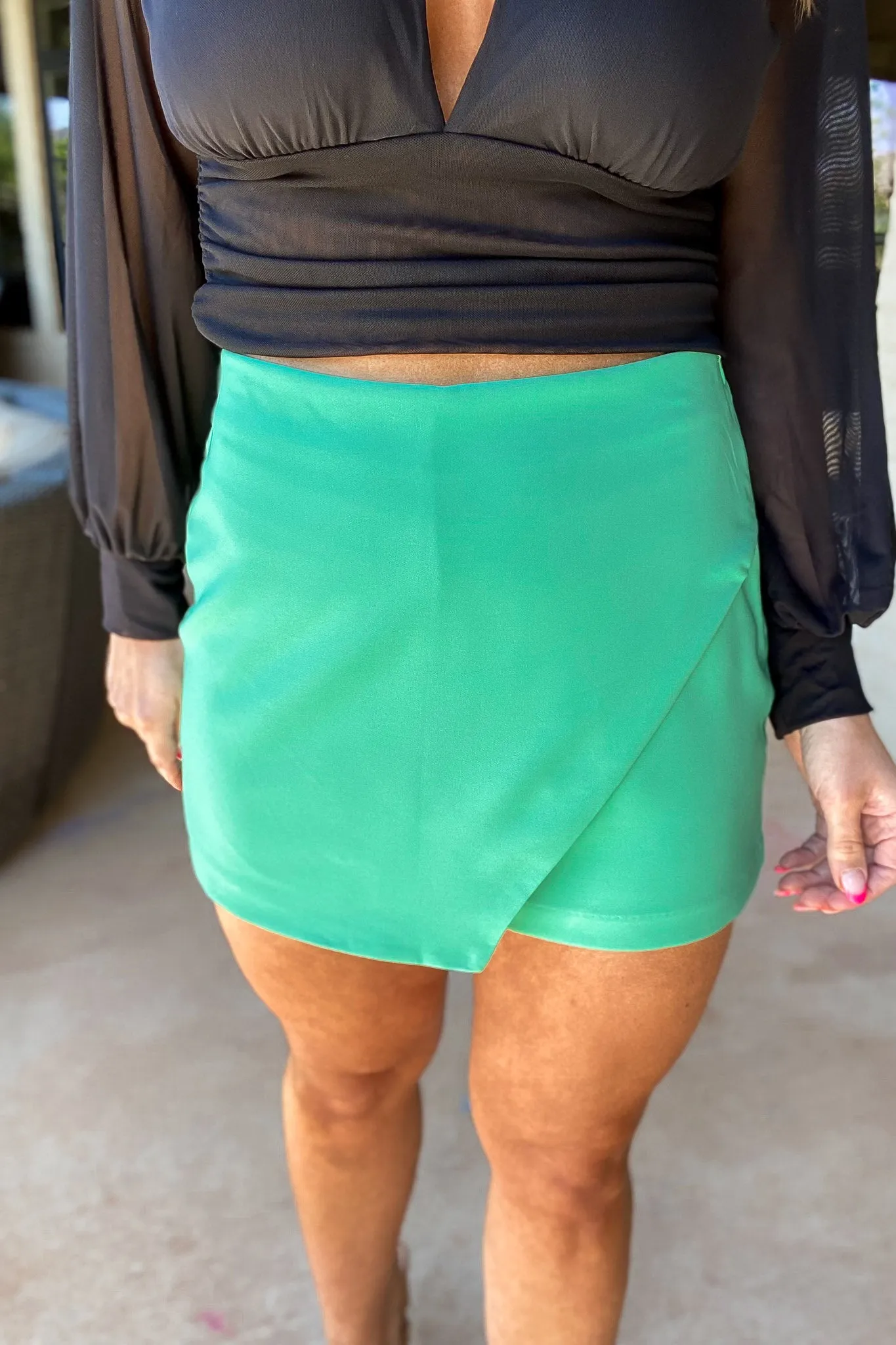 So Obsessed Apple Green High Waisted Asymmetrical Wrap Skorts