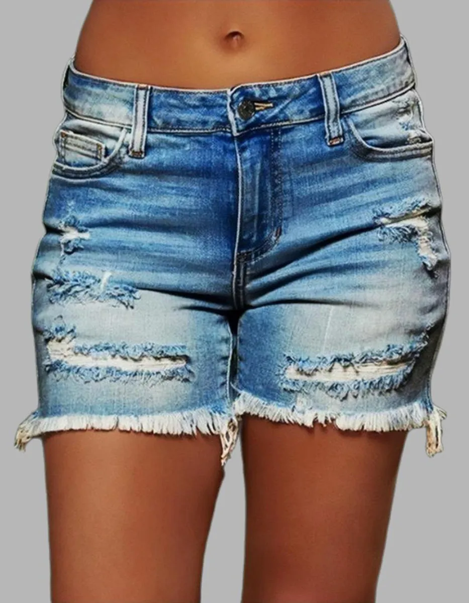 Solid-color Tassel Ripped Denim Shorts