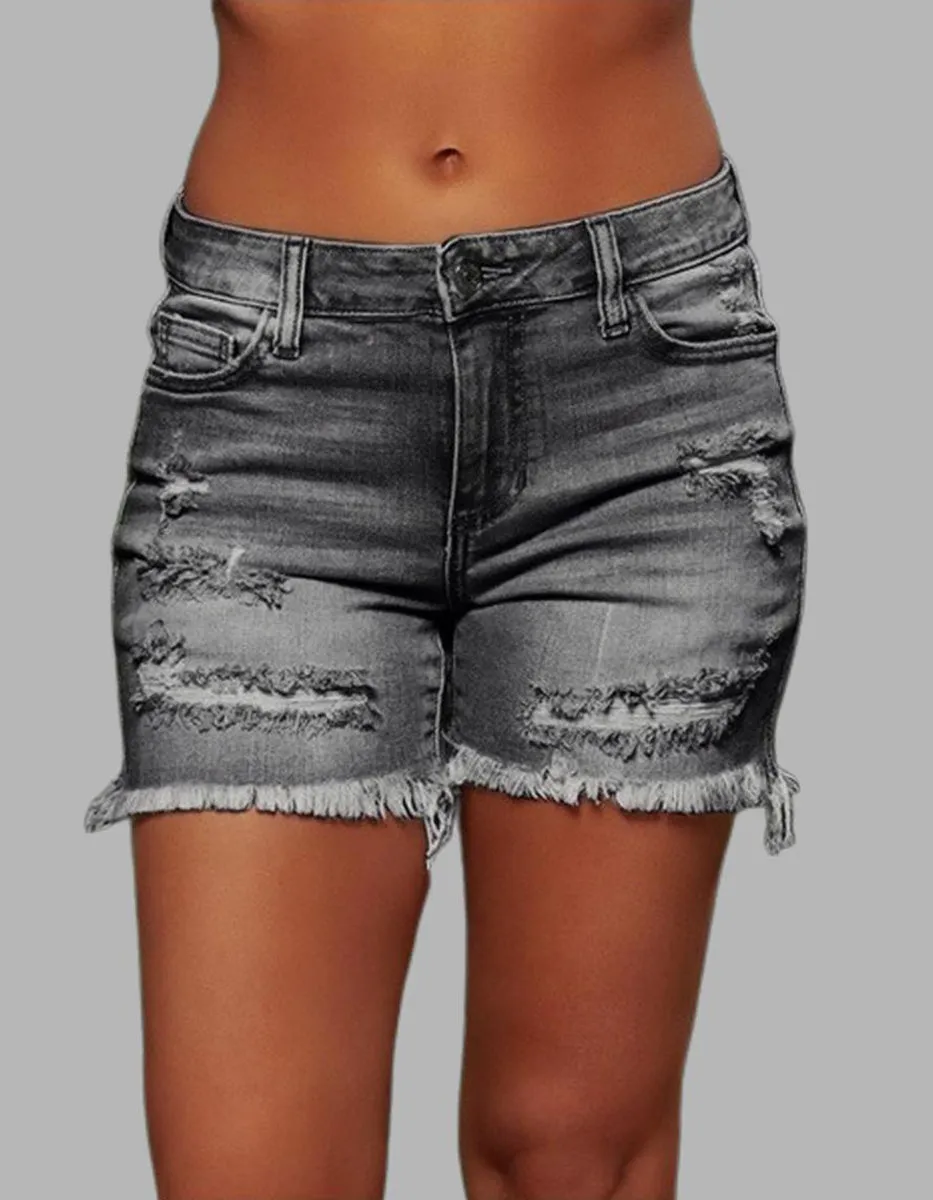 Solid-color Tassel Ripped Denim Shorts