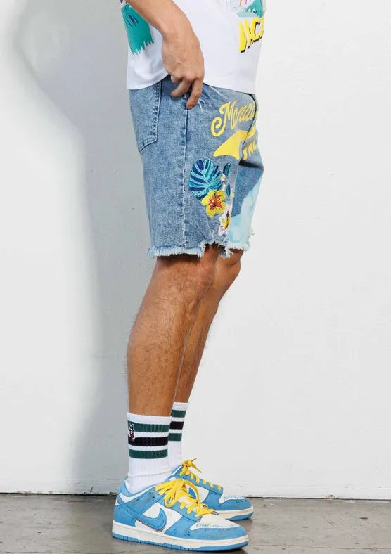 Tropical Vacation Graphic Denim Shorts