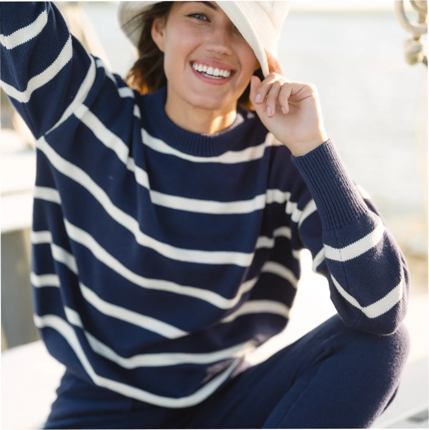 women's navy and cream wide stripe knit sweater